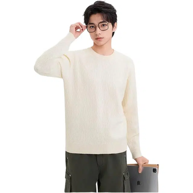 三福 净色肌理圆领长袖毛衣 男款