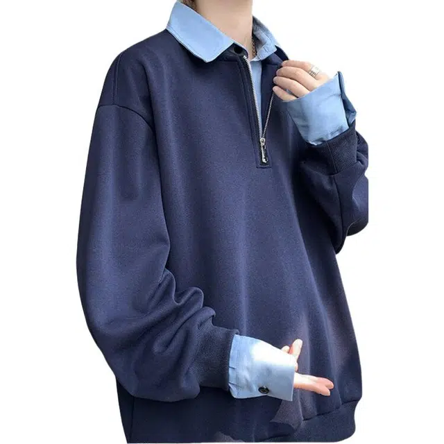 加荣 美式条纹衬衫领假两件男士秋季青少年户外出行通勤学院风高街痞帅穿搭休闲小众设计感套头半拉链卫衣 男女同款