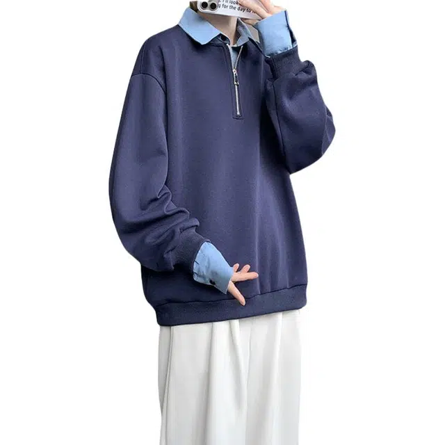 加荣 美式条纹衬衫领假两件男士秋季青少年户外出行通勤学院风高街痞帅穿搭休闲小众设计感套头半拉链卫衣 男女同款