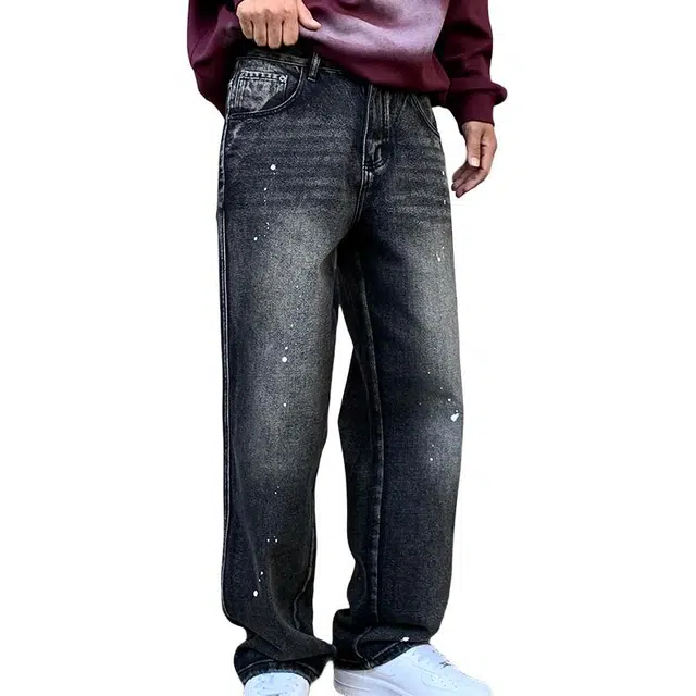 帝狼牛 高端水洗美式潮牌泼墨喷漆中腰百搭阔脚长裤复古做旧宽松直筒休闲牛仔裤 男女同款