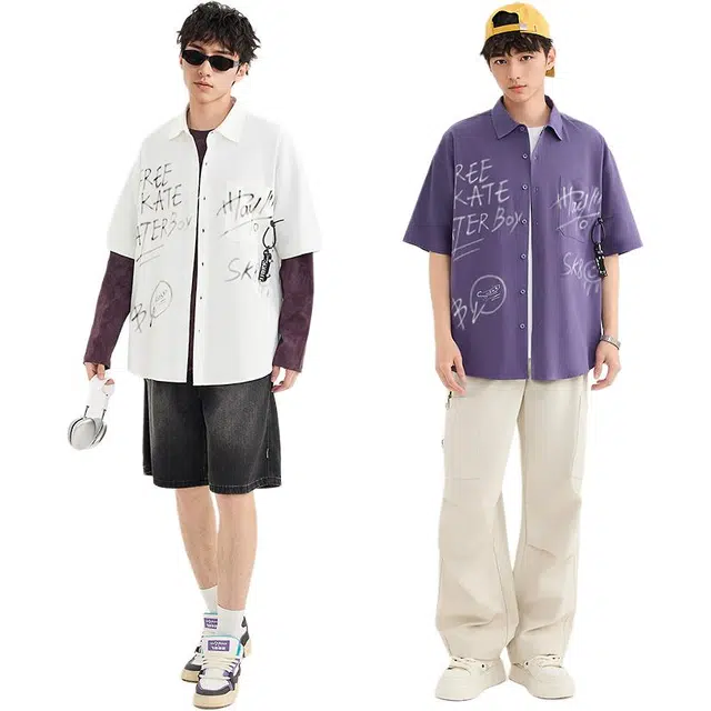 三福 涂鸦字母工装字母领短袖衬衫 男款