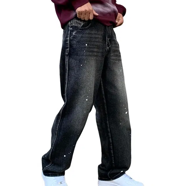 帝狼牛 高端水洗美式潮牌泼墨喷漆中腰百搭阔脚长裤复古做旧宽松直筒休闲牛仔裤 男女同款