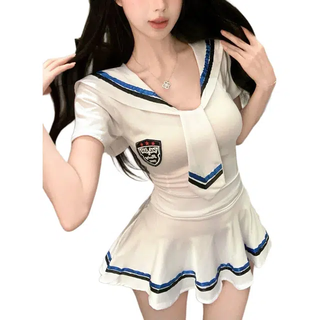 一碗士多 海军领水手服日系学院风制服套装清纯主播拉拉队服短袖连衣裙 女款