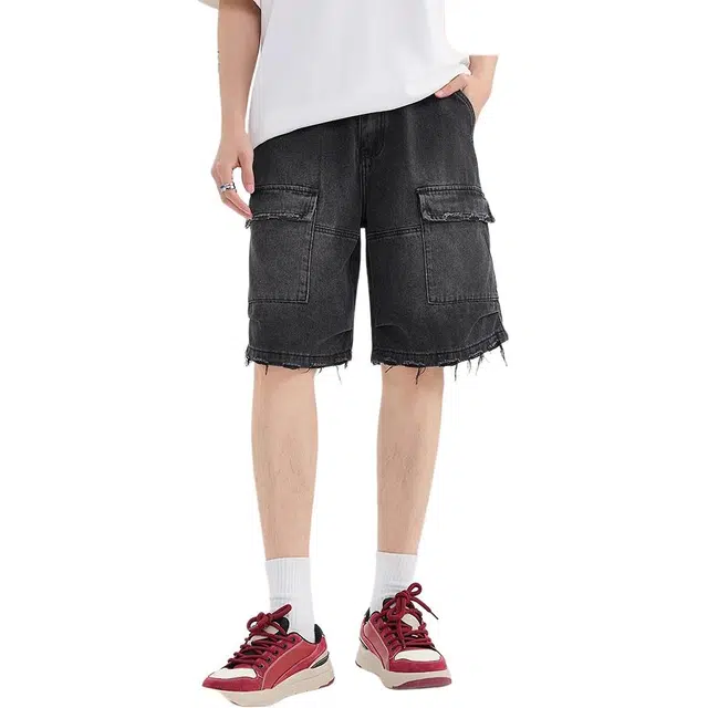 三福 毛边工装中腰五分裤牛仔短裤 男款