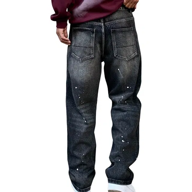 帝狼牛 高端水洗美式潮牌泼墨喷漆中腰百搭阔脚长裤复古做旧宽松直筒休闲牛仔裤 男女同款