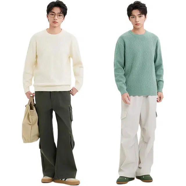 三福 净色肌理圆领长袖毛衣 男款