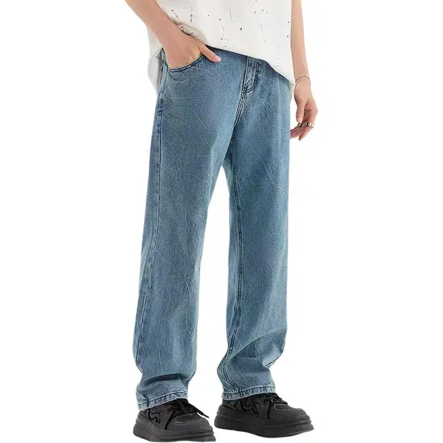 三福 宽松直筒洗水中低腰长裤牛仔裤 男款