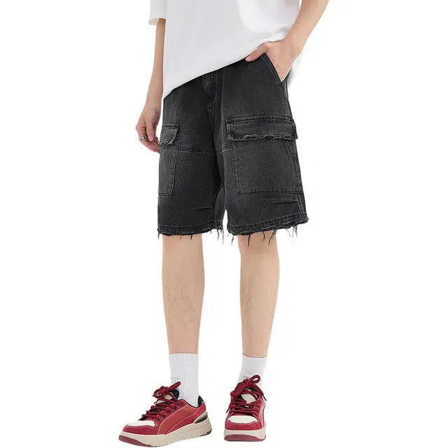 三福 毛边工装中腰五分裤牛仔短裤 男款