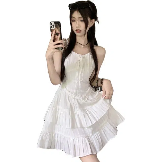 一碗士多 木耳边女夏季纯欲辣妹收腰短裙裙子吊带连衣裙 女款