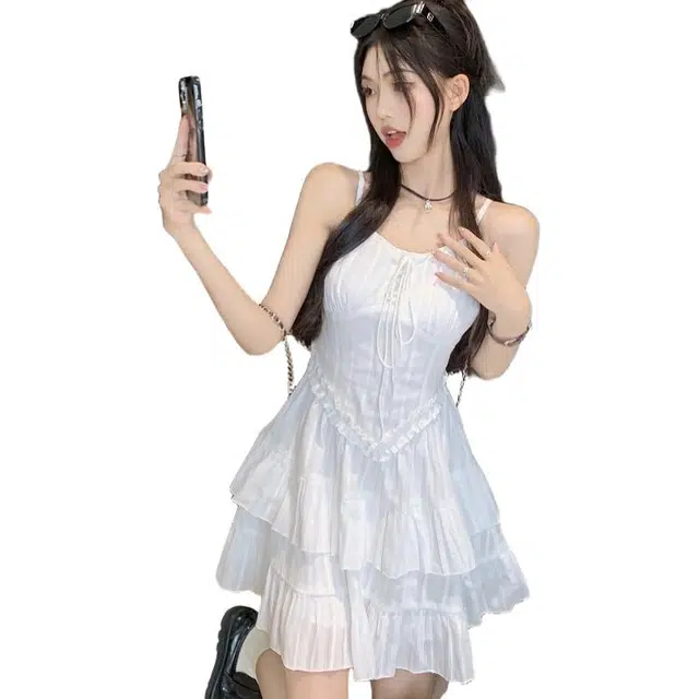 一碗士多 木耳边女夏季纯欲辣妹收腰短裙裙子吊带连衣裙 女款