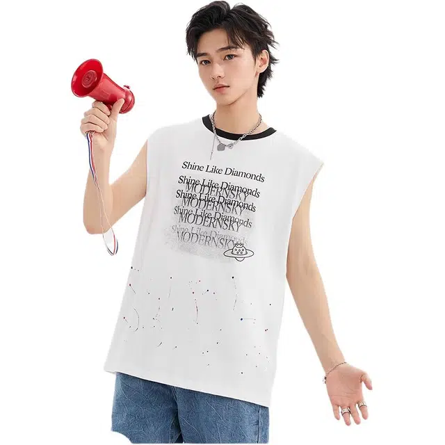 三福 甩漆印花图案街潮宽肩圆领背心 男款