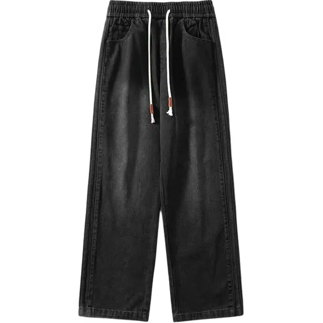 杜克恩 重磅水洗做旧条纹工装阔腿裤秋季美式复古宽松街头潮流牛仔裤 男款