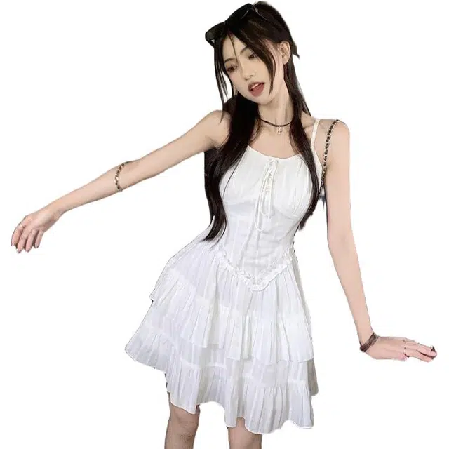 一碗士多 木耳边女夏季纯欲辣妹收腰短裙裙子吊带连衣裙 女款