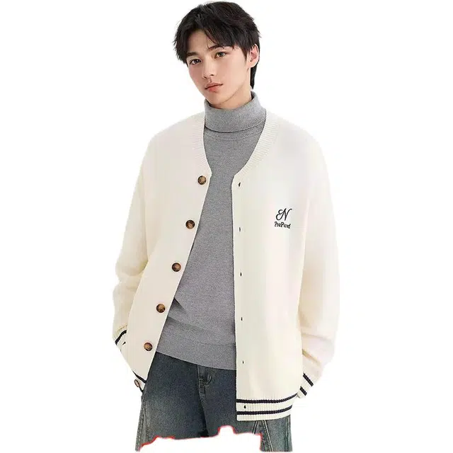 三福  学院风宽松开扣长袖圆领开衫棒球服 男款