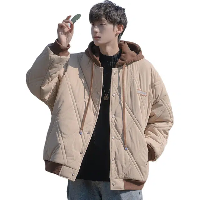 邦固依品 菱形格假两件棒球服男冬季加厚保暖羽.绒棉袄男生棉衣外套棉服 男款
