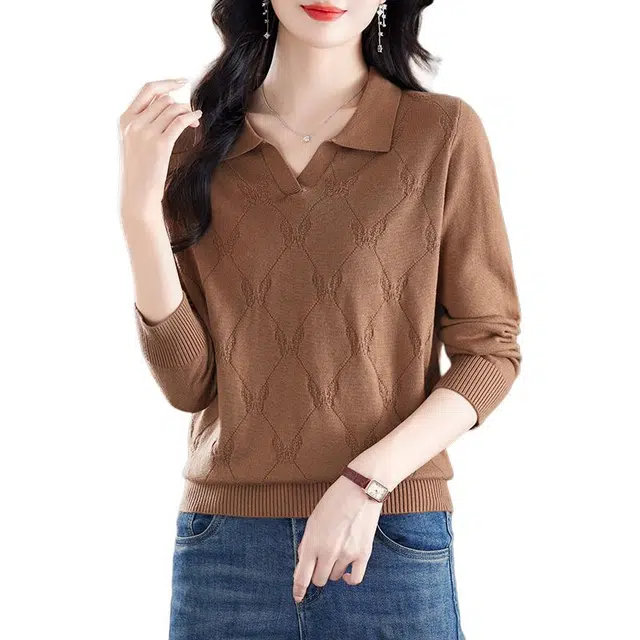 恒源祥 简约时尚百搭显瘦翻领纯色质感纹路长袖针织衫 女款