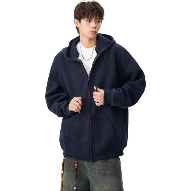 北极绒 美式灰色假两件条纹外套男潮牌秋季宽松休闲情侣百搭开衫卫衣 男女同款