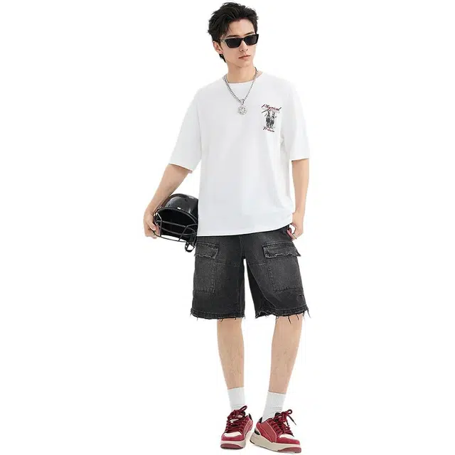 三福 毛边工装中腰五分裤牛仔短裤 男款