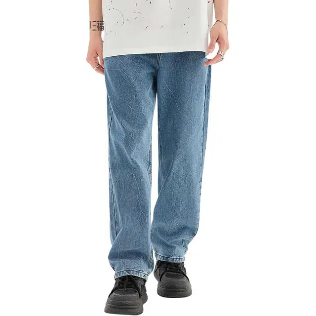 三福 宽松直筒洗水中低腰长裤牛仔裤 男款