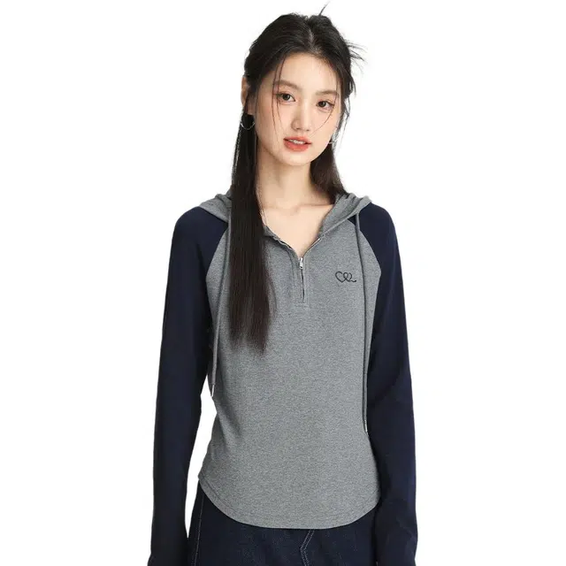 邓大喵 半拉链女插肩袖撞色连帽上衣春季显瘦遮肉外套套头衫卫衣 女款