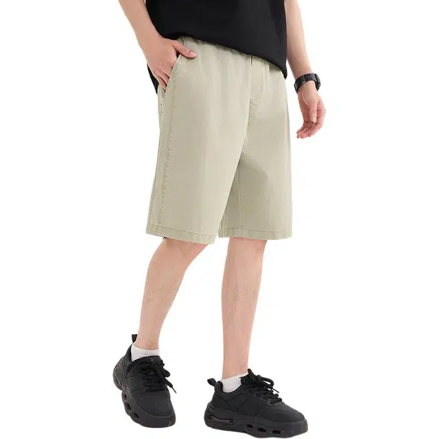 三福 简约宽松橡筋腰直筒裤中腰五分裤休闲短裤 男款