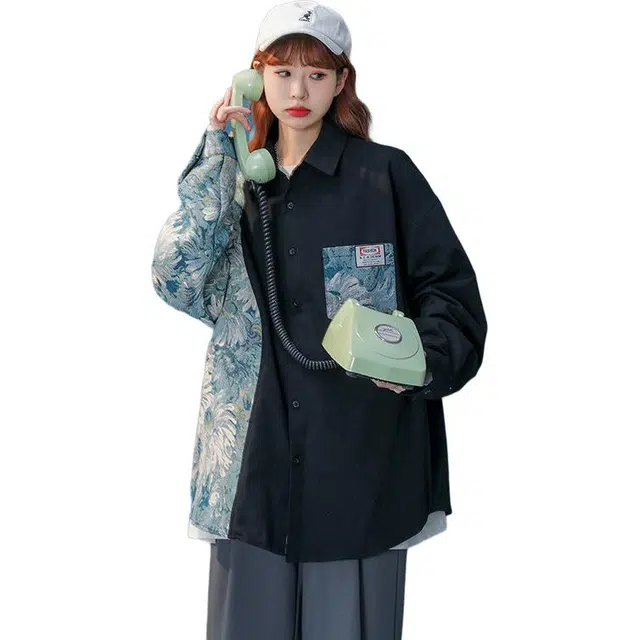 加荣 国潮中性风花型拼接垂感口袋衬衣男秋季轻薄透气大码青少年户外出行百搭小众设计感情侣长袖衬衫 男女同款