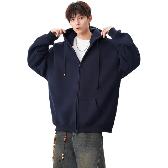 北极绒 美式灰色假两件条纹外套男潮牌秋季宽松休闲情侣百搭开衫卫衣 男女同款