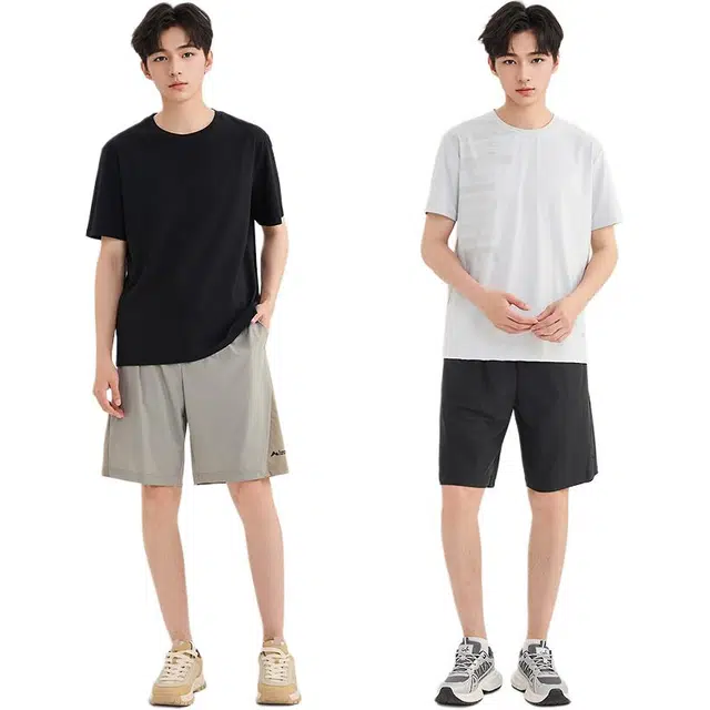 三福 撞色宽松橡筋腰头直筒裤中腰运动短裤 男款