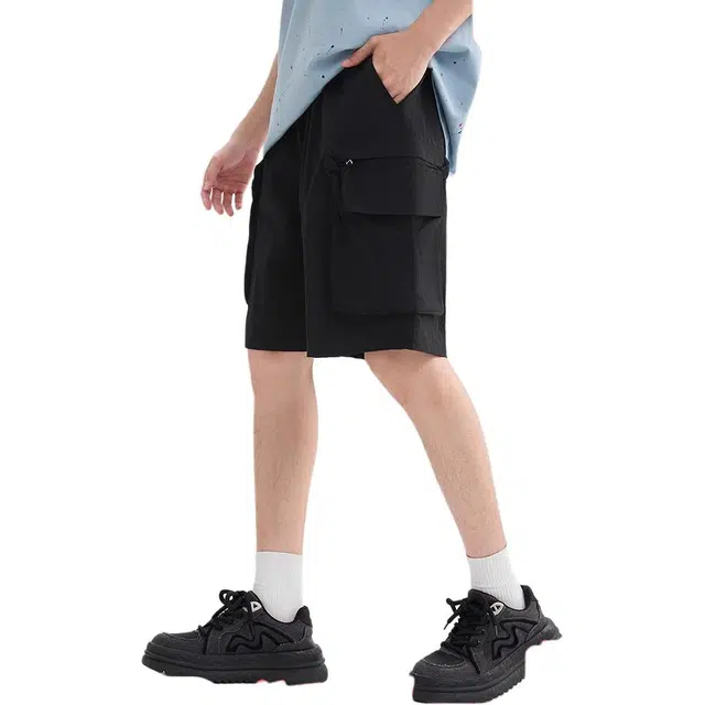三福 街头潮流宽松橡筋腰直筒裤中腰五分裤工装短裤 男款