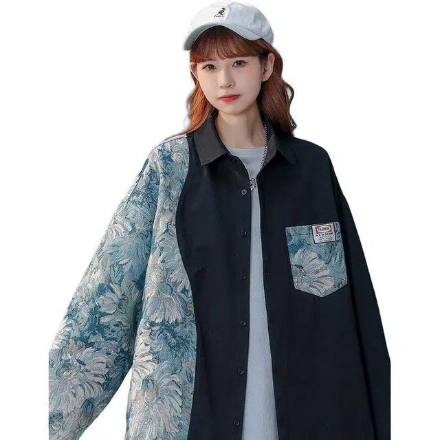 加荣 国潮中性风花型拼接垂感口袋衬衣男秋季轻薄透气大码青少年户外出行百搭小众设计感情侣长袖衬衫 男女同款