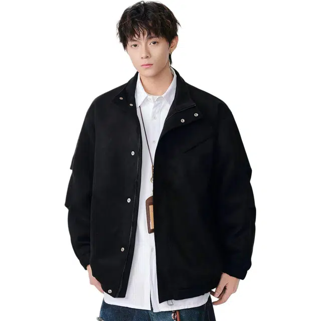 米素力 短款麂皮绒复古痞帅纯色落肩袖宽松型潮夹克 男女同款