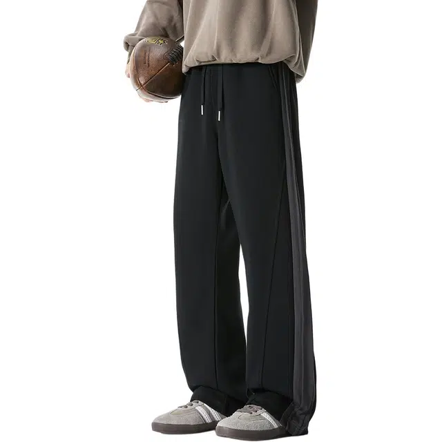 米素力 宽松抽绳松紧腰条纹中腰长裤休闲裤 男女同款