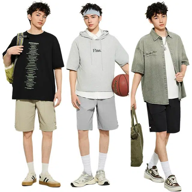 三福 宽松纯色中腰五分裤休闲短裤 男款