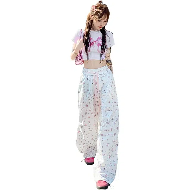 花蔓色 韩系穿搭碎花工装裤女夏季小个子宽松垂感直筒阔腿裤休闲裤 女款