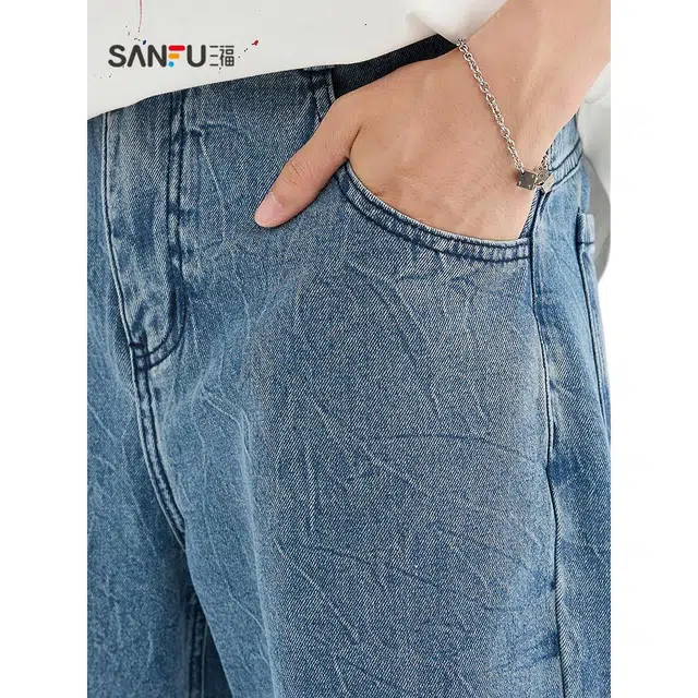 三福 宽松直筒洗水中低腰长裤牛仔裤 男款