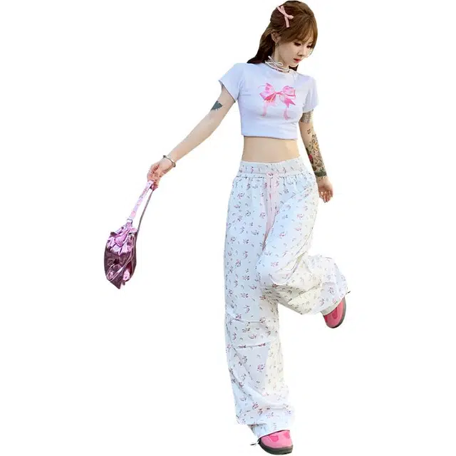 花蔓色 韩系穿搭碎花工装裤女夏季小个子宽松垂感直筒阔腿裤休闲裤 女款