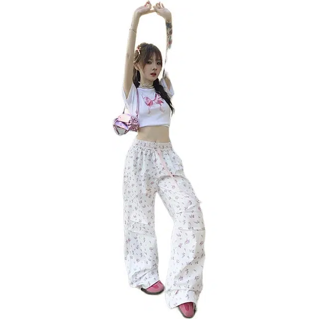 花蔓色 韩系穿搭碎花工装裤女夏季小个子宽松垂感直筒阔腿裤休闲裤 女款