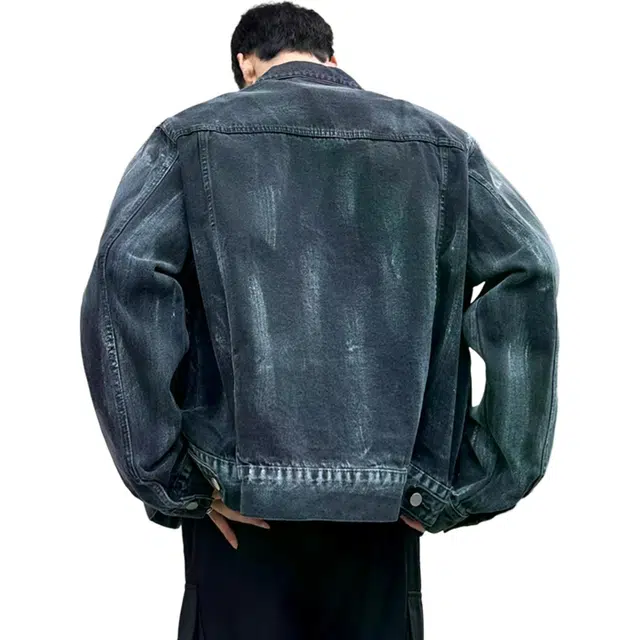 北极绒 重工拉链夹克男春秋季美式高街小众水洗宽松扎染设计廓形牛仔外套 男款