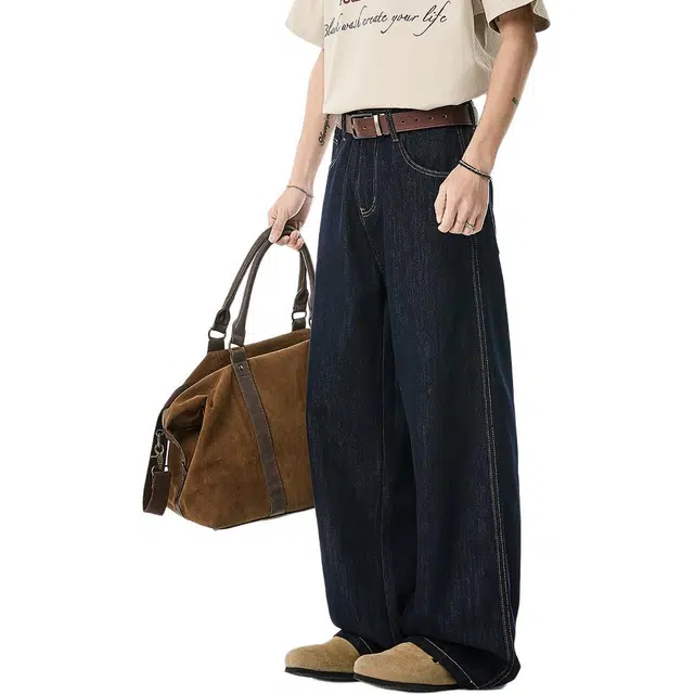 米素力 阔腿裤宽松慵懒风中腰长裤牛仔裤 男款