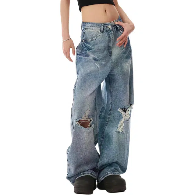 地界二 美式复古水洗做旧刺绣破洞男高街潮牌宽松休闲阔腿拖地裤水洗复古刺绣宽松潮流中腰长裤牛仔裤 男款