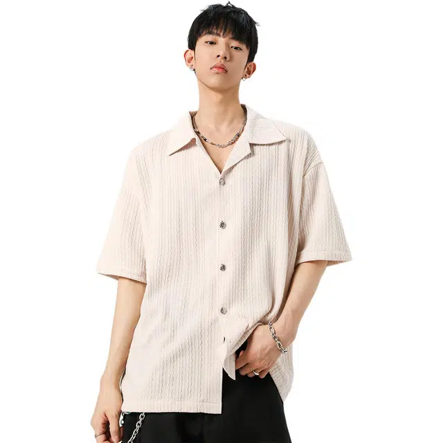 加荣 美式复古条纹古巴领轻薄透气潮牌宽松痞帅短袖衬衫 男女同款