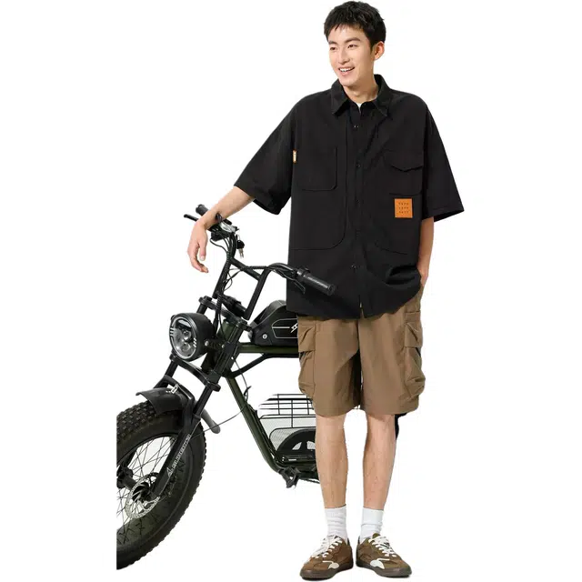 米素力 美式复古宽松纯棉落肩袖短袖翻领衬衫 男款