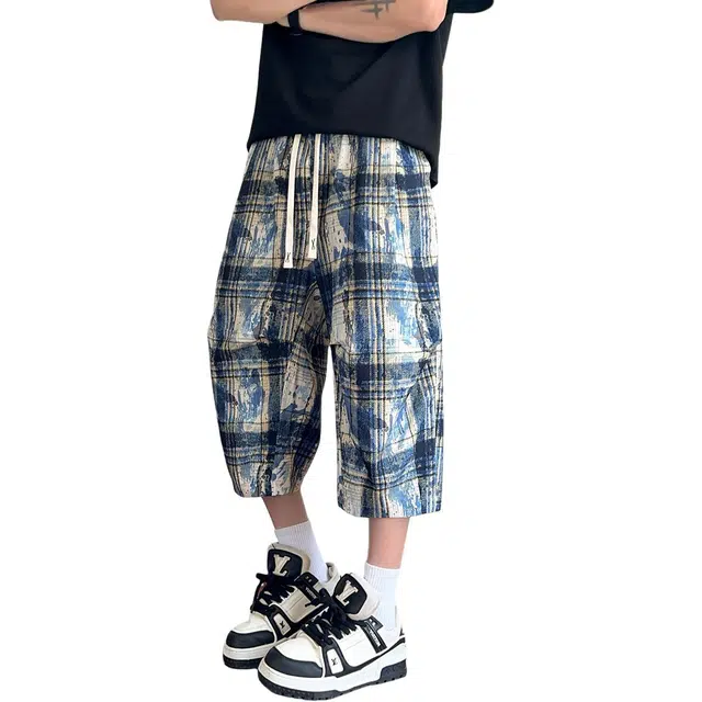 加荣 美式扎染格子冰丝凉感褶皱速干男夏季轻薄透气潮青少年户外出行百搭复古休闲小众设计松紧腰七分裤子直筒阔腿裤短裤 男女同款