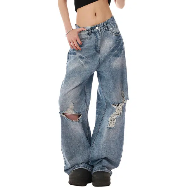 地界二 美式复古水洗做旧刺绣破洞男高街潮牌宽松休闲阔腿拖地裤水洗复古刺绣宽松潮流中腰长裤牛仔裤 男款