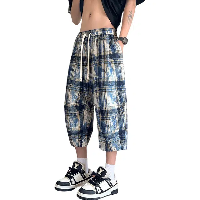加荣 美式扎染格子冰丝凉感褶皱速干男夏季轻薄透气潮青少年户外出行百搭复古休闲小众设计松紧腰七分裤子直筒阔腿裤短裤 男女同款