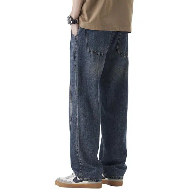 希越 宽松直筒长裤男秋冬潮牌拼接美式复古阔腿休闲牛仔裤 男款