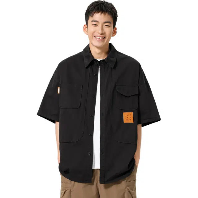 米素力 美式复古宽松纯棉落肩袖短袖翻领衬衫 男款