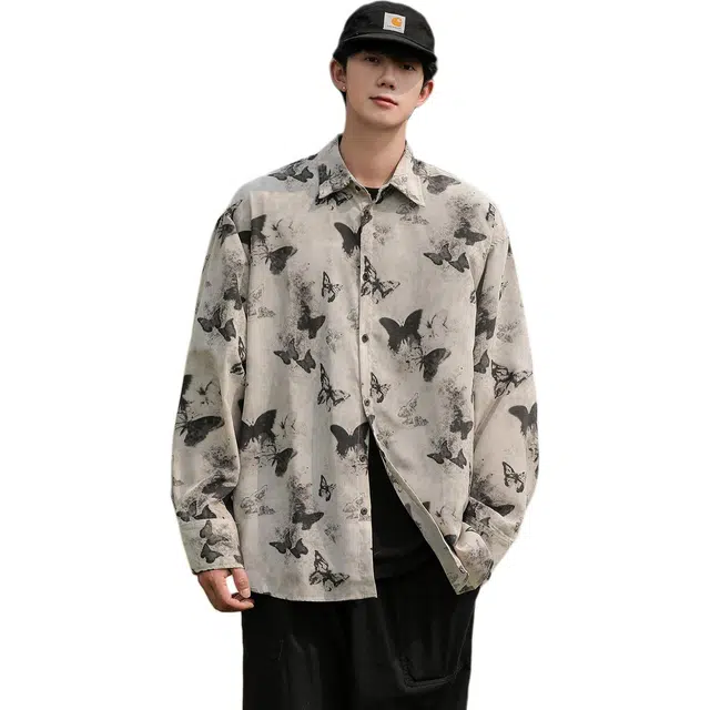 地界二 蝴蝶印花长袖男潮牌新中式宽松休闲百搭衬衣外套印花长袖中式衬衫 男款
