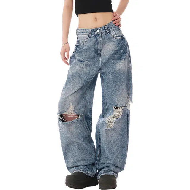 地界二 美式复古水洗做旧刺绣破洞男高街潮牌宽松休闲阔腿拖地裤水洗复古刺绣宽松潮流中腰长裤牛仔裤 男款