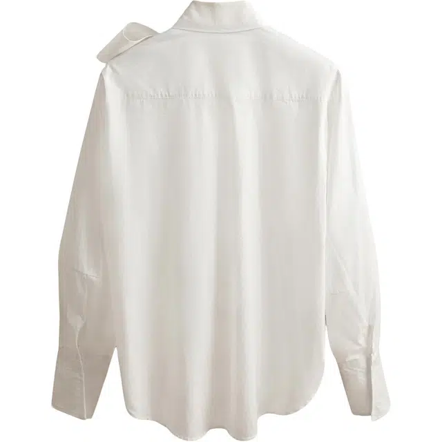 丝柏舍 纯色蝴蝶结系带领减龄单排扣宽松款简约气质落肩长袖衬衫 女款